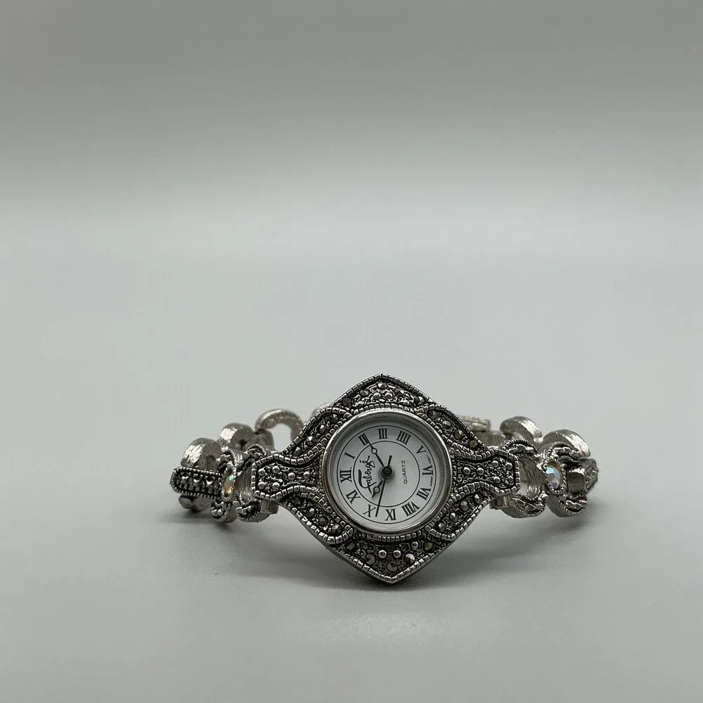 Faberge Womens Watch 25mm Silver Tone Marcasite Dress Bracelet New Battery 6.75